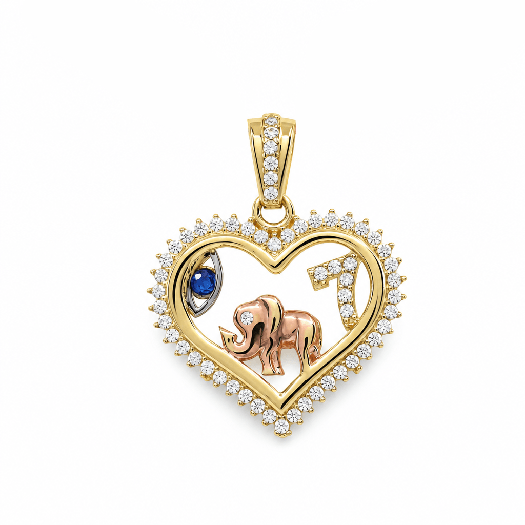 14K Yellow Gold Good Luck Heart Pendant Elephant, Evil Eye & 7