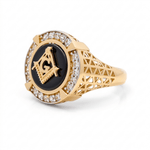 14k Yellow Gold Mason Symbol with Onyx Fashion Men's Ring - Miral Jewelry