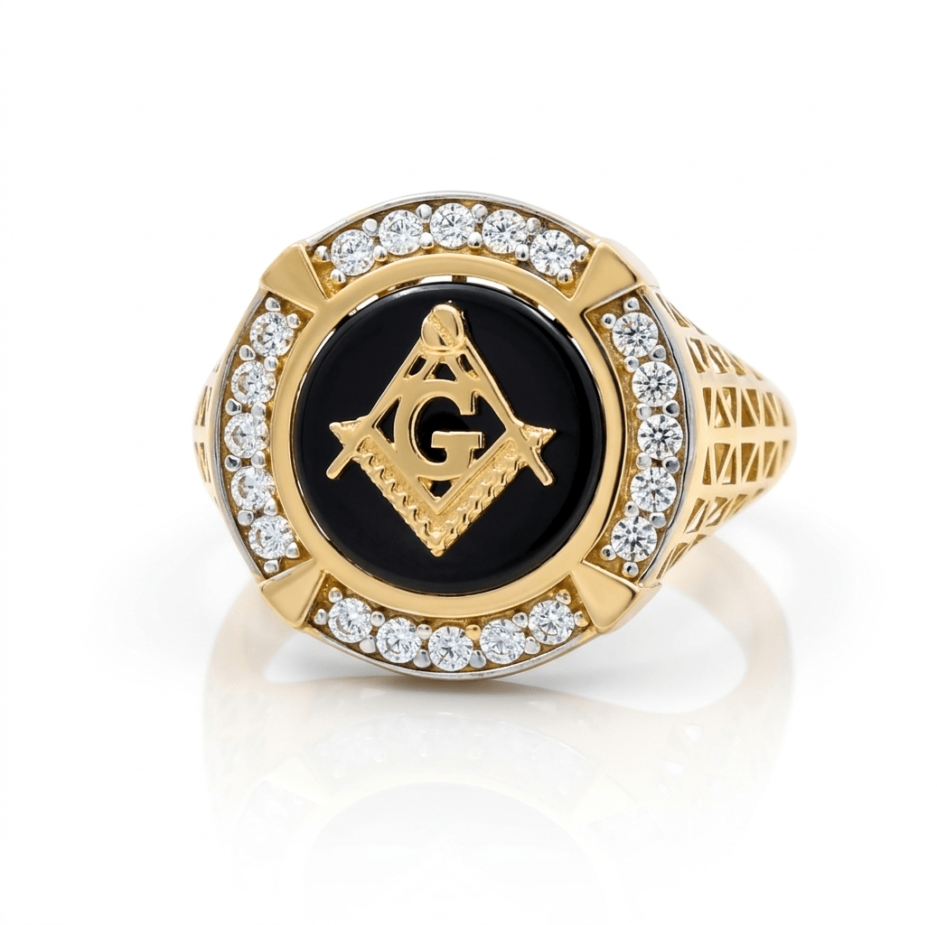 14K Yellow Gold Men's Masonic Onyx Ring with CZ 6.2 g