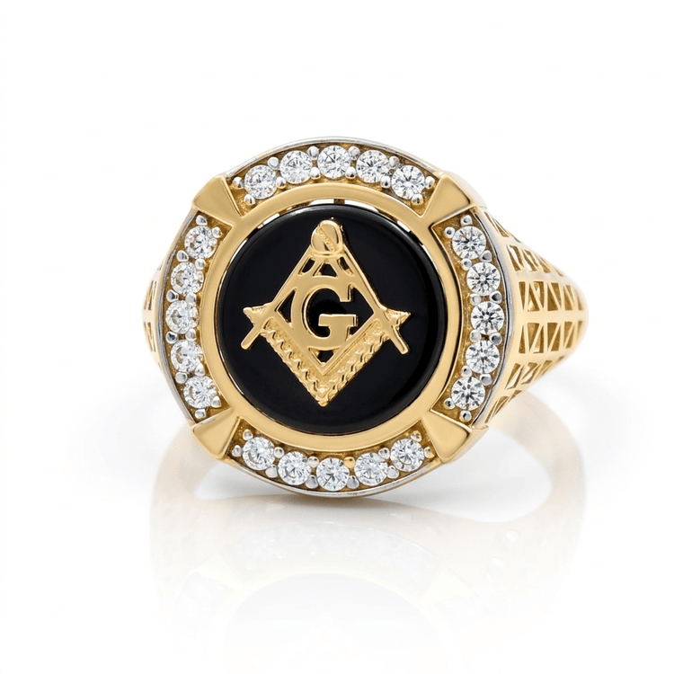 14k Yellow Gold Mason Symbol with Onyx Fashion Men's Ring - Miral Jewelry