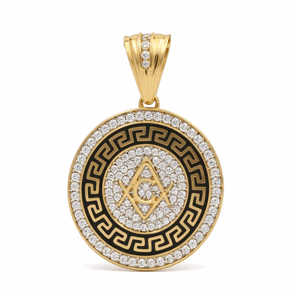 14K Yellow Gold Masonic Greek Key Medallion with CZ 7.6 g