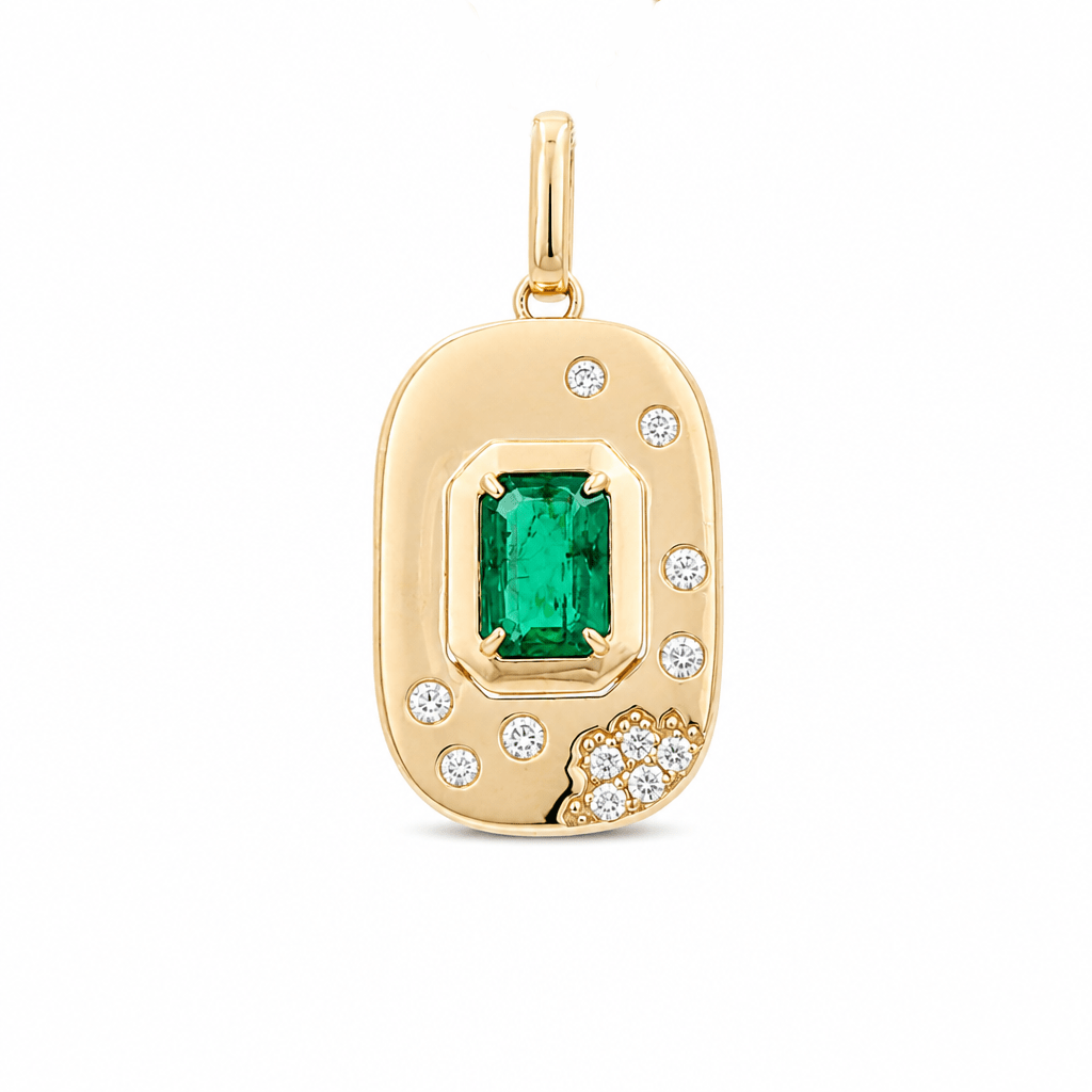14k Yellow Gold Medal Diamond Women's Pendant with 0.91Tw Emerald Emeralds and 0.14Tw Round Diamonds - Miral Jewelry