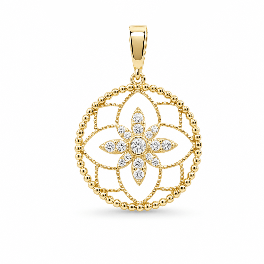14K Yellow Gold Flower Medallion Pendant with CZ