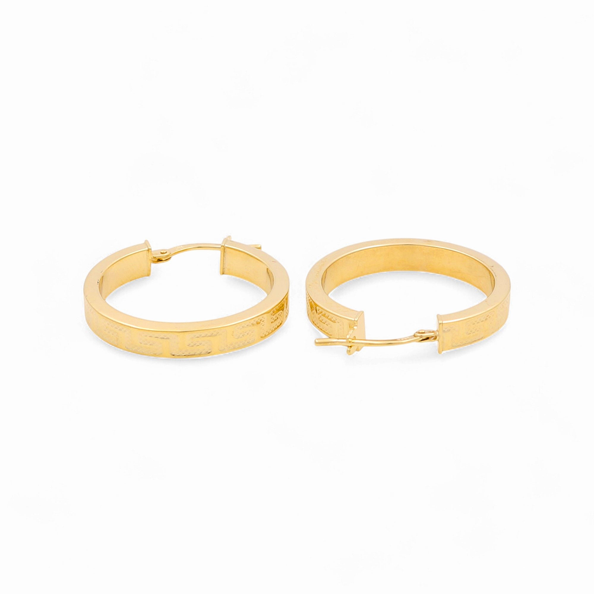 14K Yellow Gold Greek Key Flat Hoop Earrings 2.5 g – view 2
