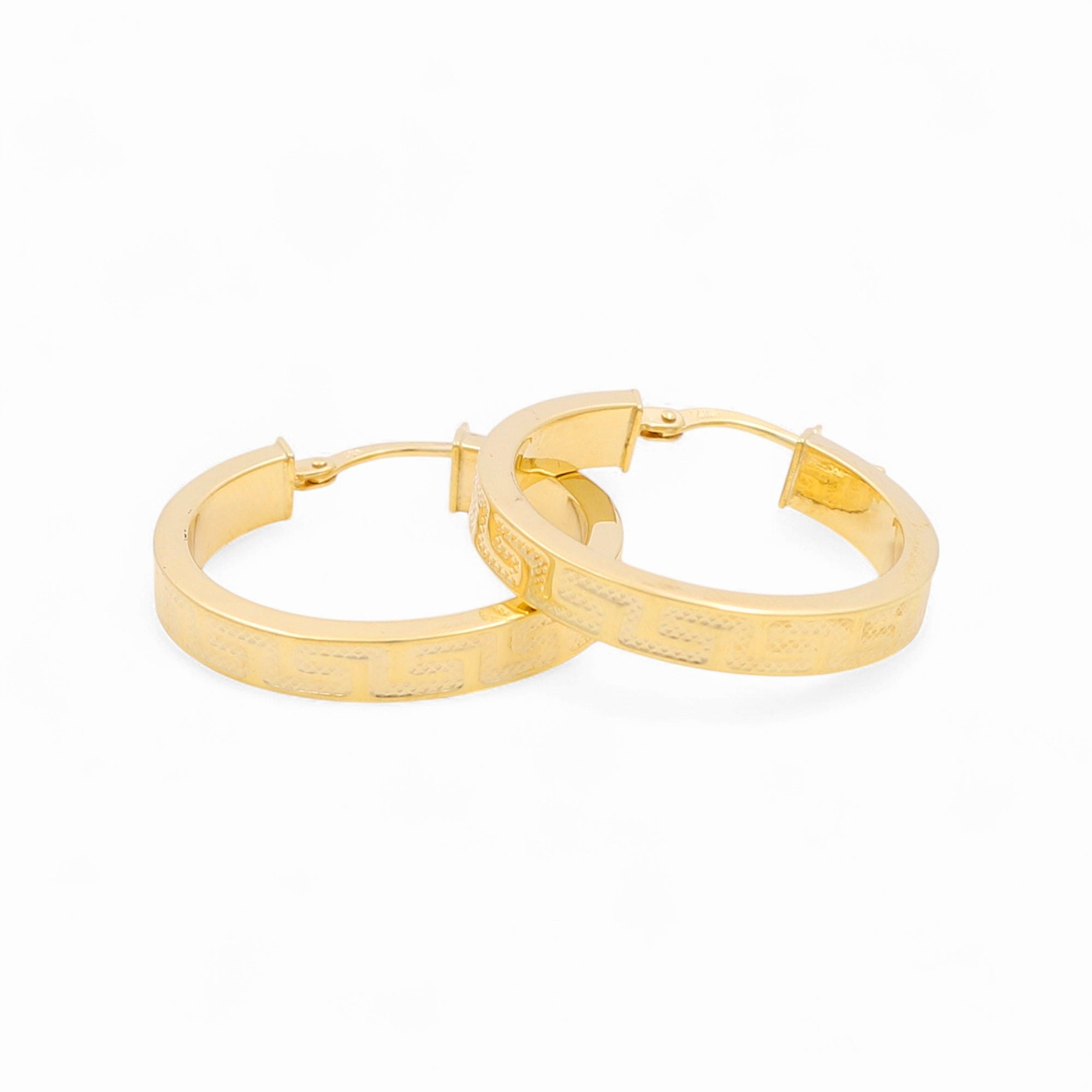 14K Yellow Gold Greek Key Flat Hoop Earrings 2.5 g