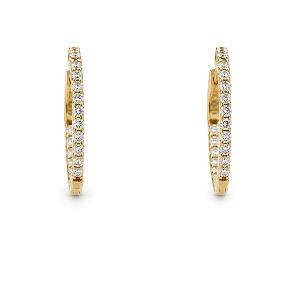 14K Yellow Gold Medium Hoop Diamond Earrings with 1.00Tw Round Diamonds - Miral Jewelry