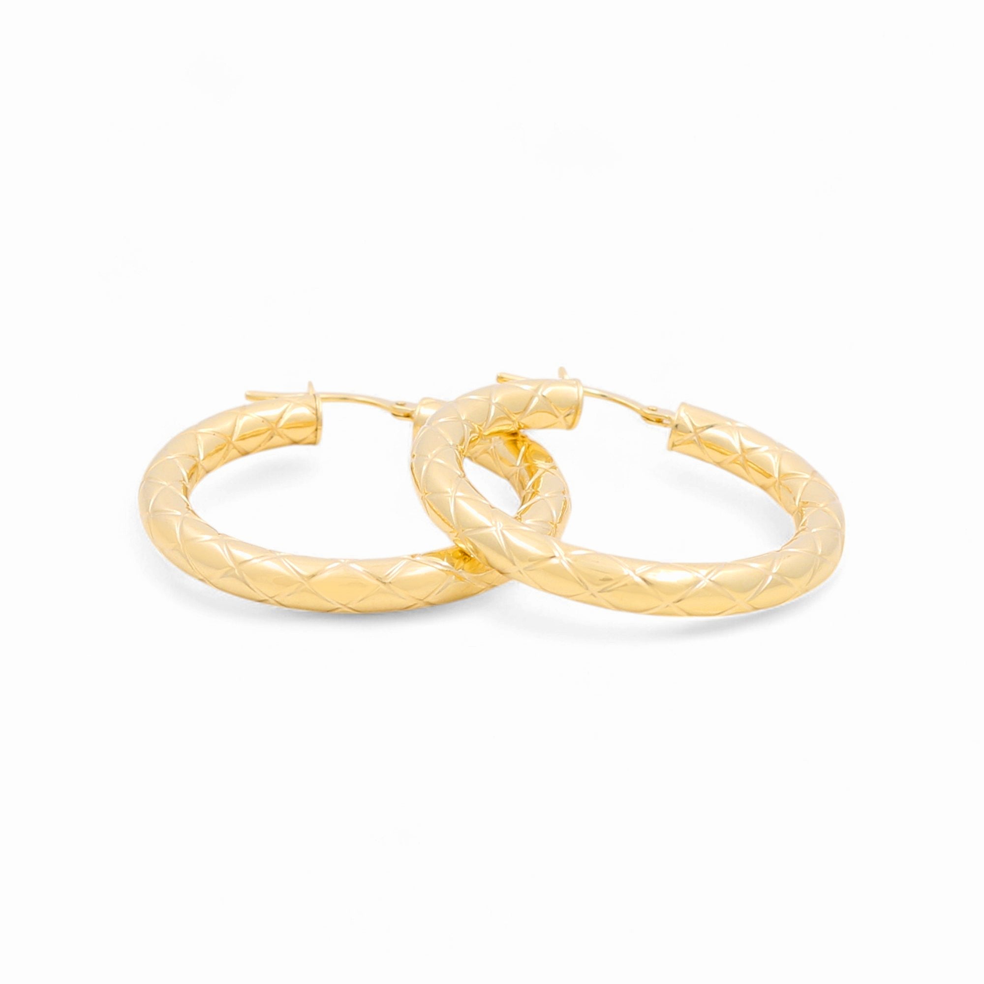 14K Yellow Gold Diamond-Cut Textured Hoop Earrings 3.3 g