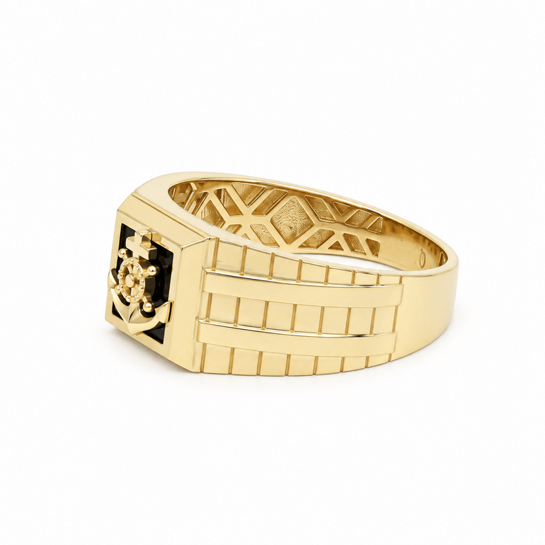 14K Yellow Gold Men's Anchor & Ship Wheel Onyx Ring – 4.7 g - Miral Jewelry