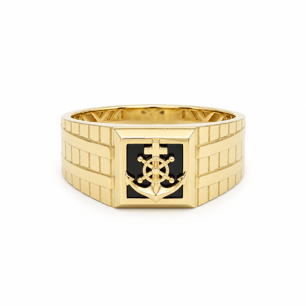 14K Yellow Gold Men's Anchor & Ship Wheel Onyx Ring – 4.7 g - Miral Jewelry