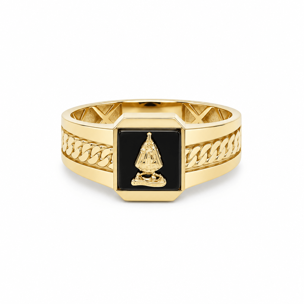 14K Yellow Gold Men's Caridad del Cobre Onyx Ring – 3.9 g - Miral Jewelry