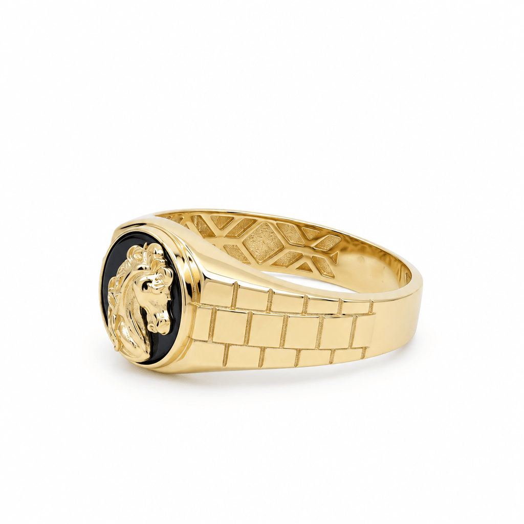 14K Yellow Gold Men's Horse Head Onyx Ring – 4.6 g - Miral Jewelry
