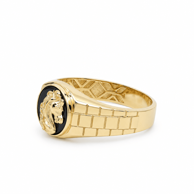 14K Yellow Gold Men's Horse Head Onyx Ring – 4.6 g - Miral Jewelry