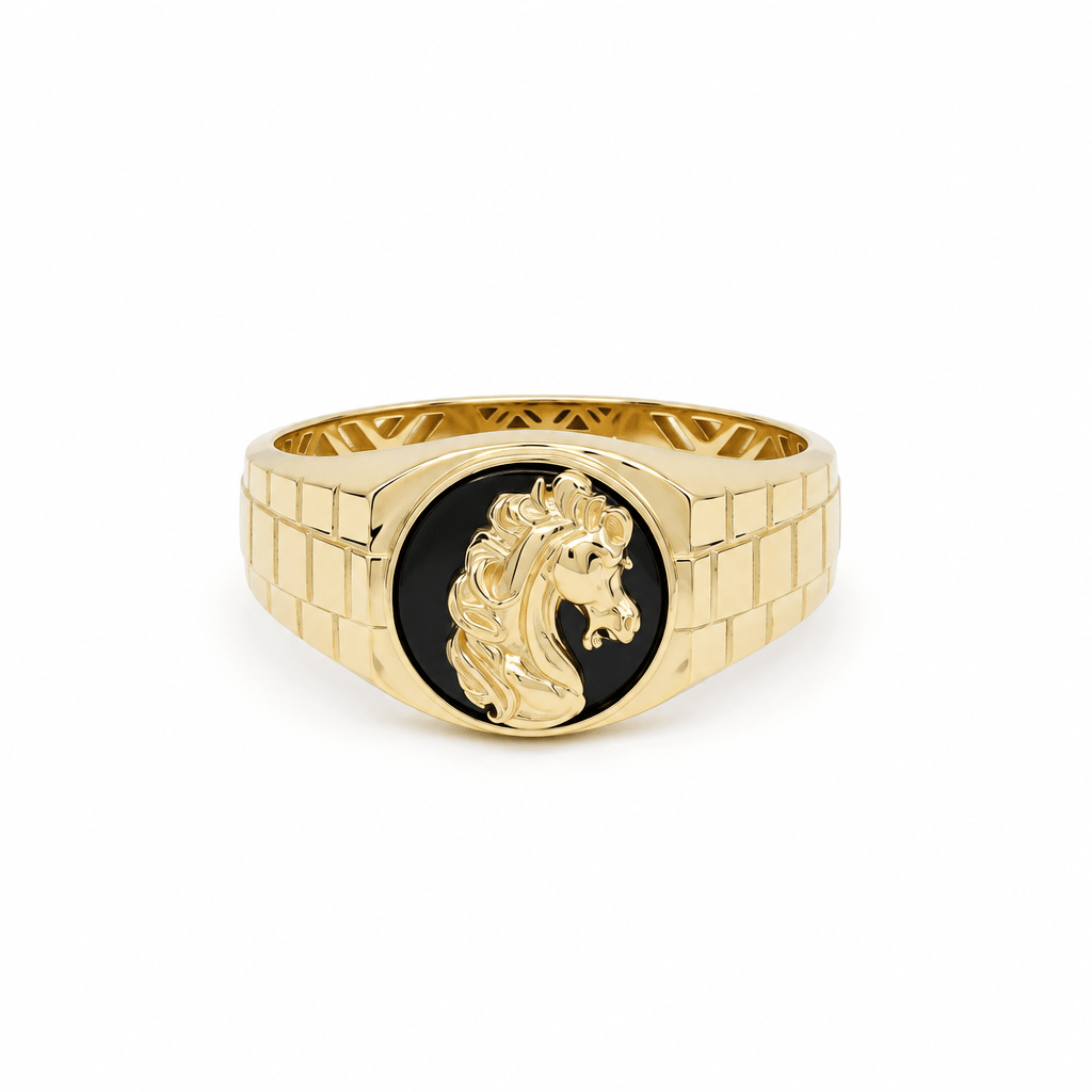 14K Yellow Gold Men's Horse Head Onyx Ring – 4.6 g - Miral Jewelry