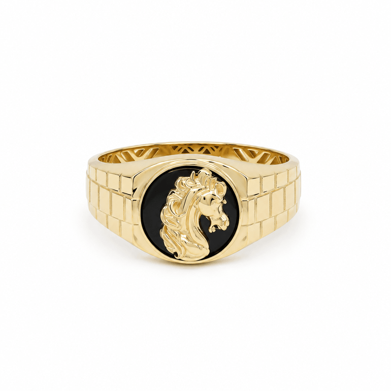 14K Yellow Gold Men's Horse Head Onyx Ring – 4.6 g - Miral Jewelry