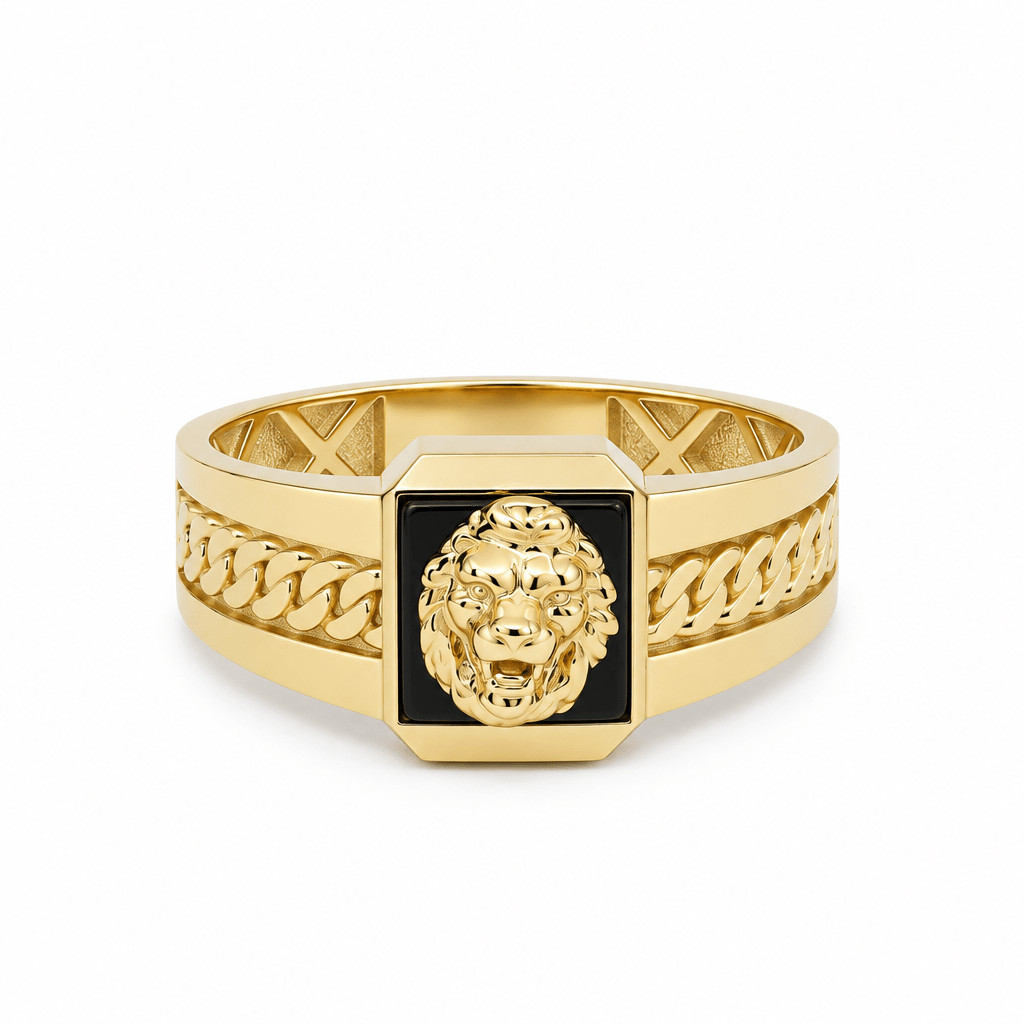 14K Yellow Gold Men's Lion Head Onyx Ring – 4.1 g - Miral Jewelry