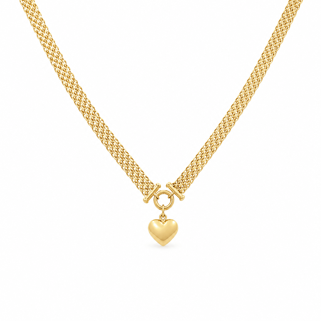 14k Yellow Gold Mesh with Heart Necklaces 18" - Miral Jewelry