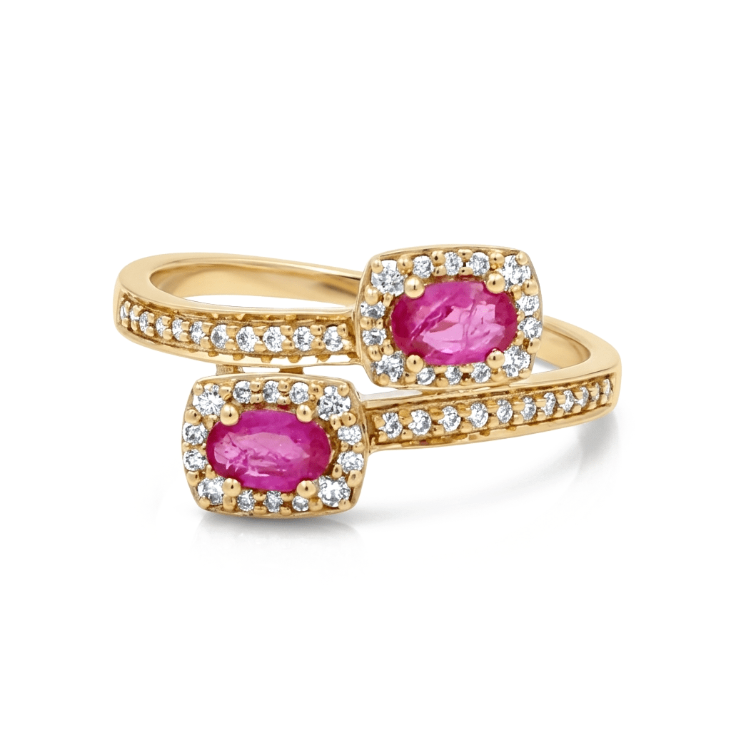 14K Yellow Gold Modern Fashion Ring with 0.48Tw Oval Rubys and 0.25Tw Round Diamonds - Miral Jewelry