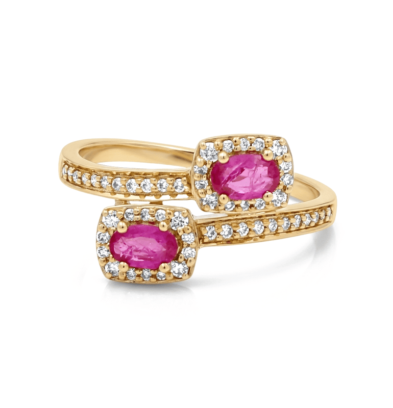 14K Yellow Gold Modern Fashion Ring with 0.48Tw Oval Rubys and 0.25Tw Round Diamonds - Miral Jewelry