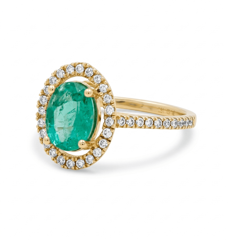 14K Yellow Gold Modern Fashion Ring with 1.43Tw Oval Emeralds and 0.31Tw Round Diamonds - Miral Jewelry