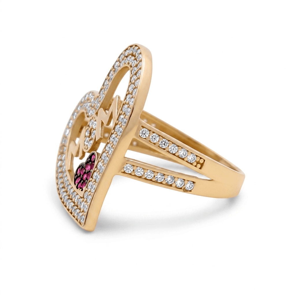 14K Yellow Gold Mom Heart With Cz Fashion Women's Ring - Miral Jewelry