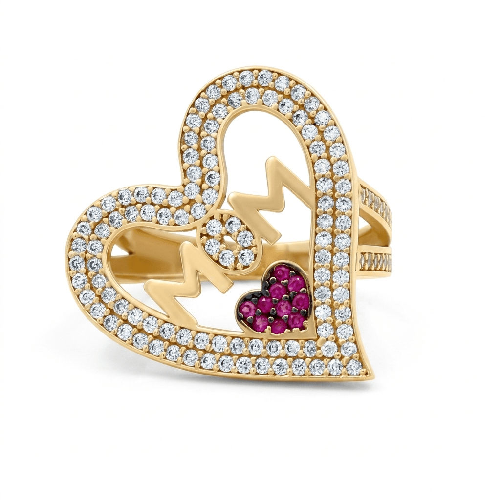 14K Yellow Gold Mom Heart With Cz Fashion Women's Ring - Miral Jewelry