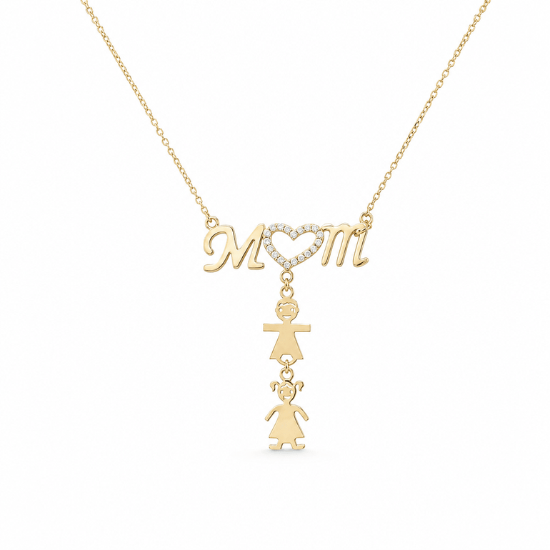 14K Yellow Gold Mom With Boy And Girl Women's Necklace 18" - Miral Jewelry