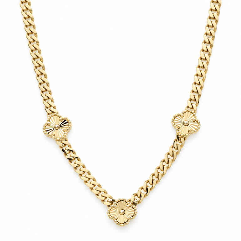 14K Yellow Gold Monaco Necklace with Clovers – 18.5" - Miral Jewelry