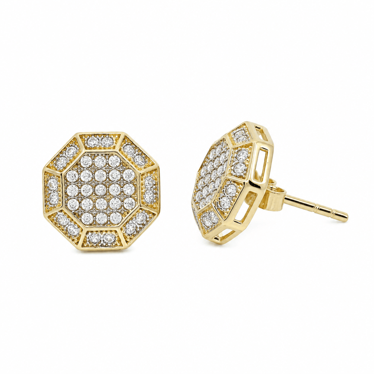 14K Yellow Gold Octagon Pavé CZ Stud Earrings – 2.4 g - Miral Jewelry