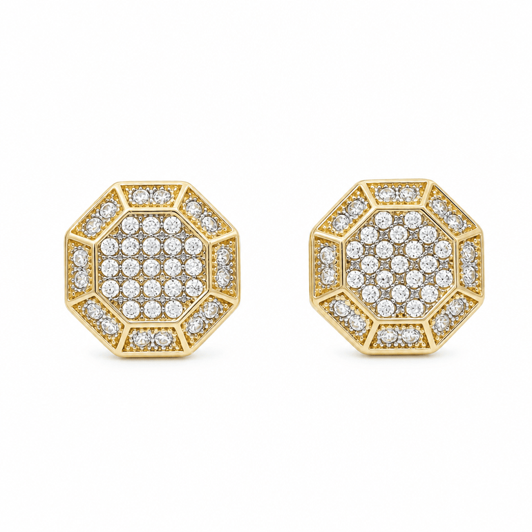 14K Yellow Gold Octagon Pavé CZ Stud Earrings – 2.4 g - Miral Jewelry