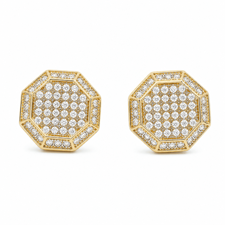 14K Yellow Gold Octagon Pavé CZ Stud Earrings – 2.8 g - Miral Jewelry