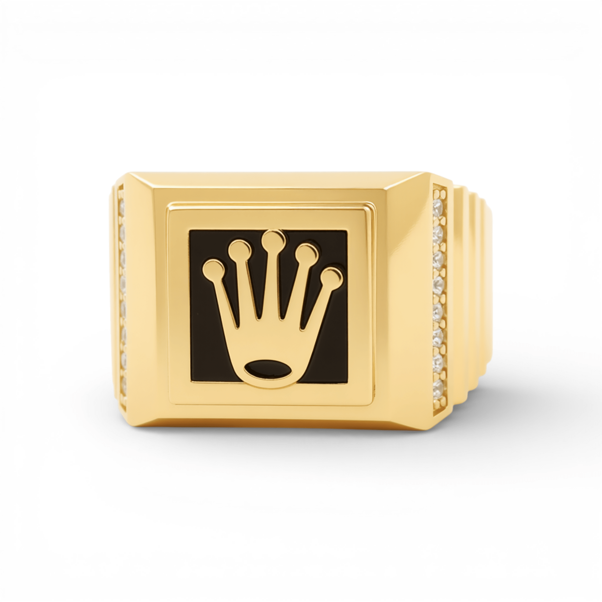 14k Yellow Gold Onix with Crown Fashion Men's Ring - Miral Jewelry