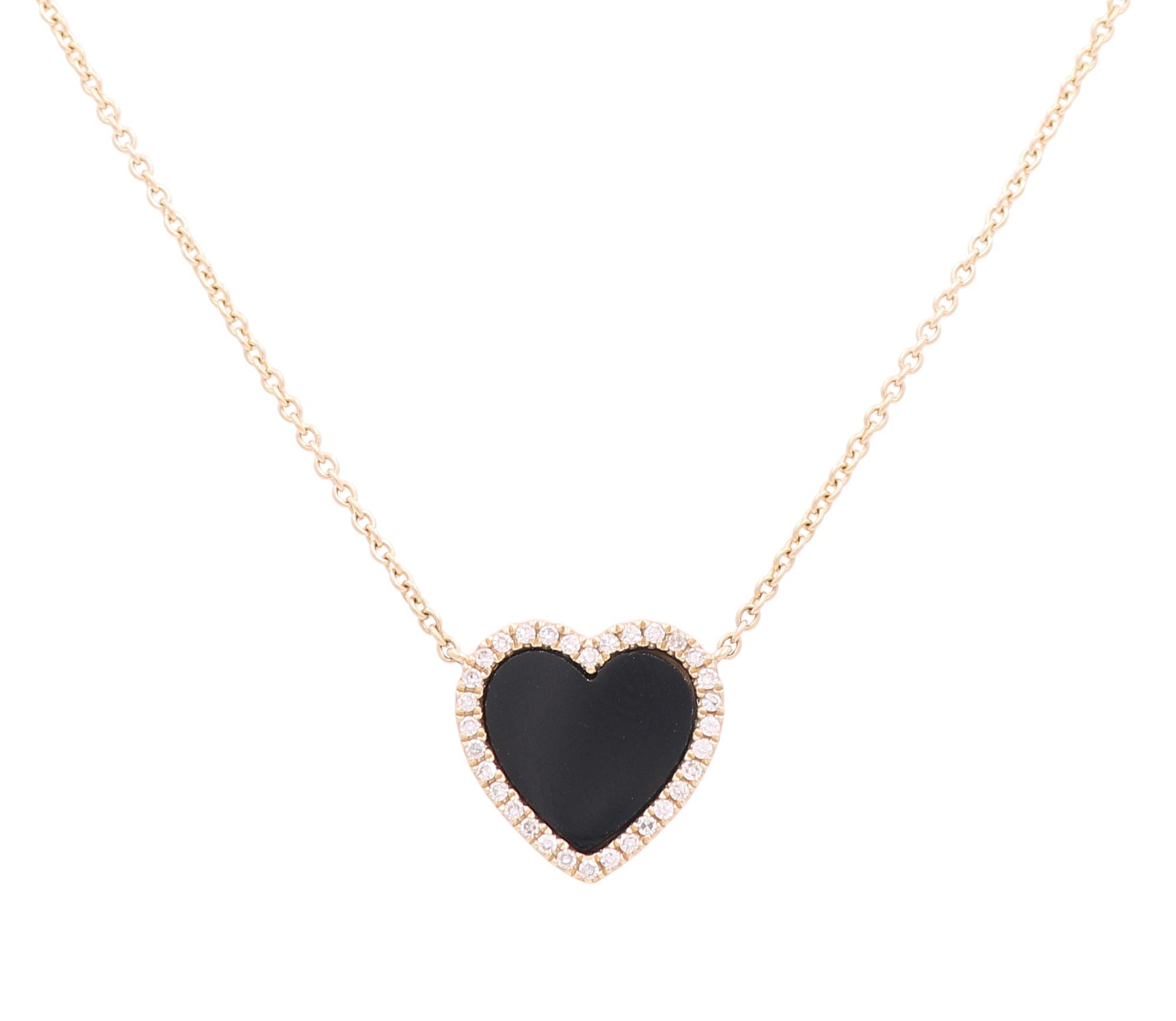 14K Yellow Gold Onyx Heart Women's Necklaces with 0.17Tw Round Diamonds - Miral Jewelry