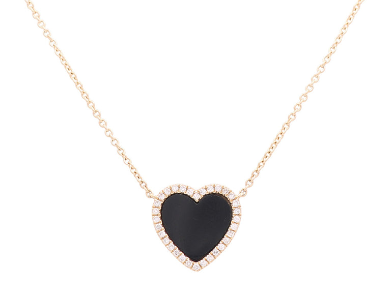14K Yellow Gold Onyx Heart Women's Necklaces with 0.17Tw Round Diamonds - Miral Jewelry