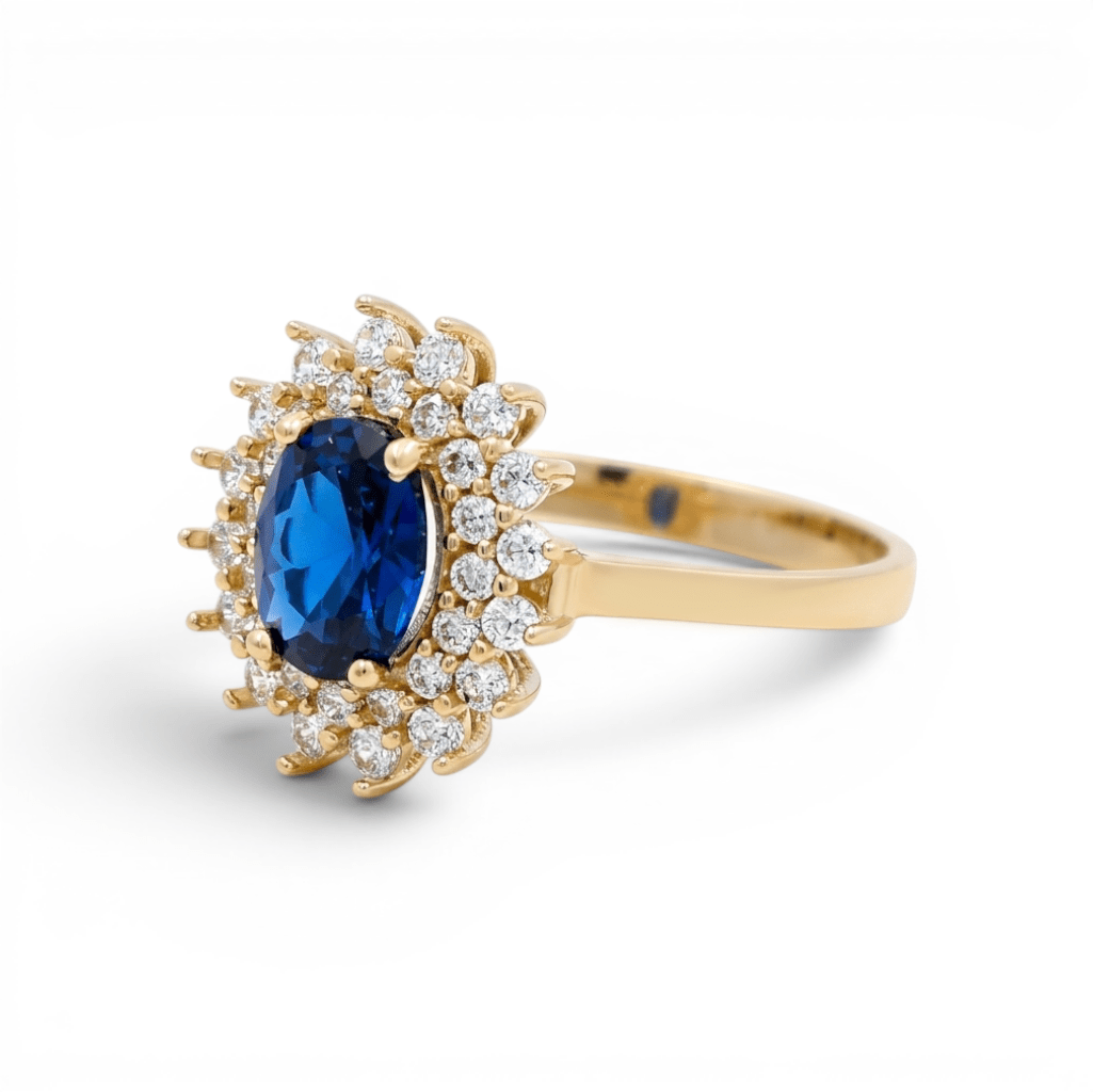 14K Yellow Gold Oval Blue Fashion Women's Ring - Miral Jewelry