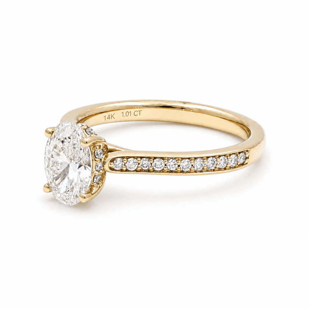 14K Yellow Gold Oval Diamond Engagement Ring with 1.01Tw Oval l Si 1 Diamonds and 0.19Tw Round Diamonds - Miral Jewelry