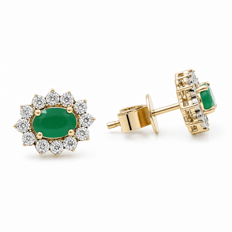 14K Yellow Gold Oval Earrings with 0.75Tw Oval Emeralds and 0.25Tw Round Diamonds - Miral Jewelry