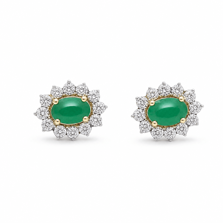 14K Yellow Gold Oval Earrings with 0.75Tw Oval Emeralds and 0.25Tw Round Diamonds - Miral Jewelry