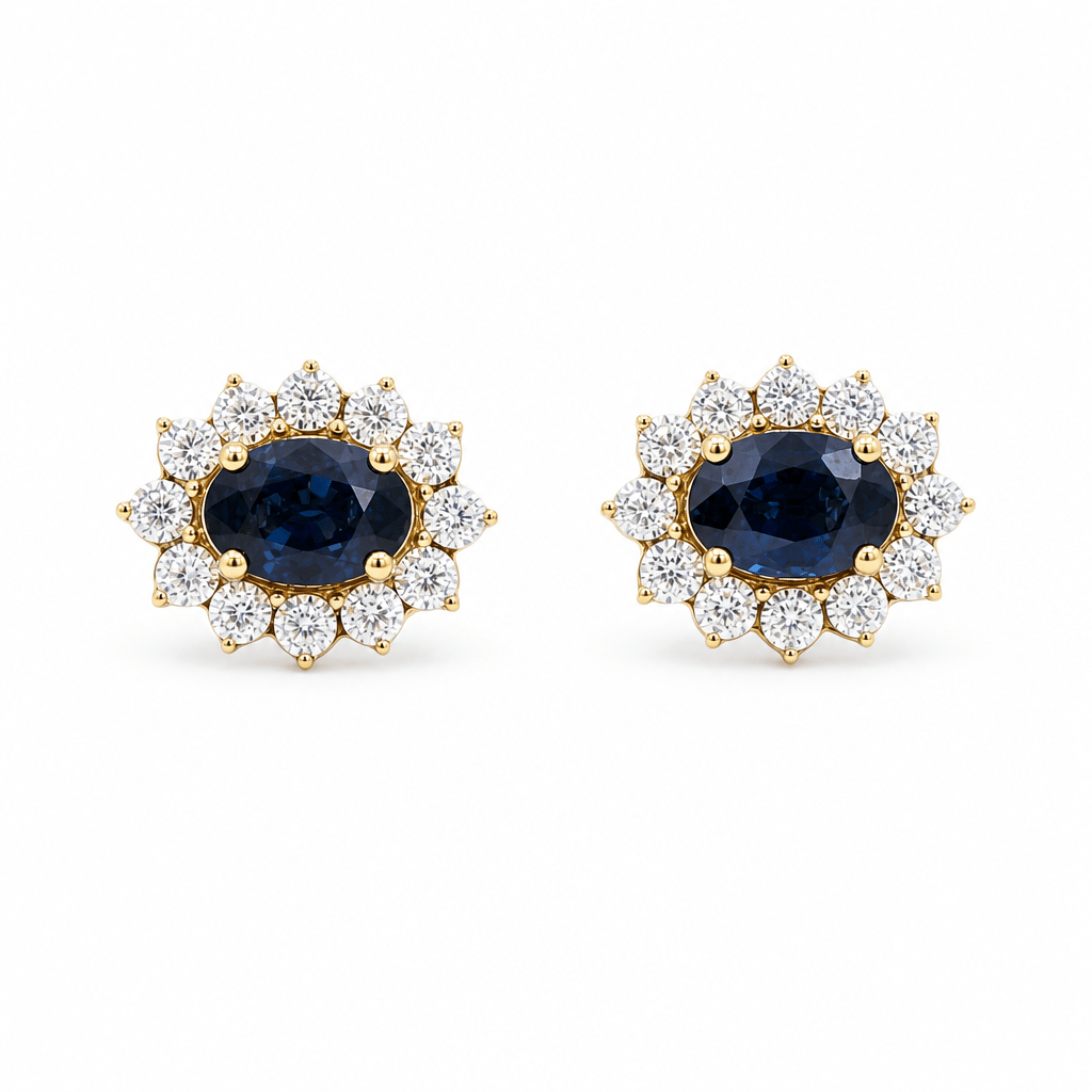 14K Yellow Gold Oval Earrings with 1.30Tw Oval Sapphires and 0.20Tw Round Diamonds - Miral Jewelry