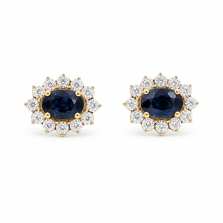 14K Yellow Gold Oval Earrings with 1.30Tw Oval Sapphires and 0.20Tw Round Diamonds - Miral Jewelry