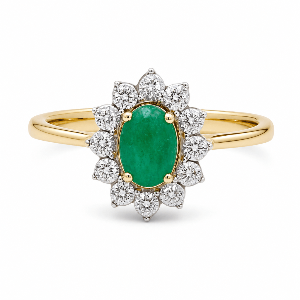14K Yellow Gold Oval Fashion Ring with 0.45Tw Oval Emeralds and 0.10Tw Round Diamonds - Miral Jewelry