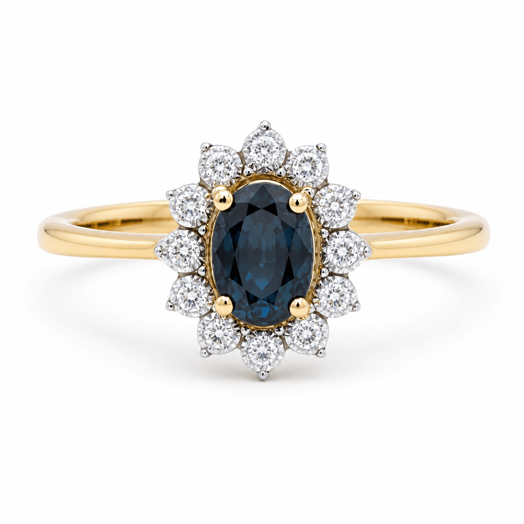 14K Yellow Gold Oval Fashion Ring with 0.60Tw Oval Sapphire and 0.10Tw Round Diamonds - Miral Jewelry