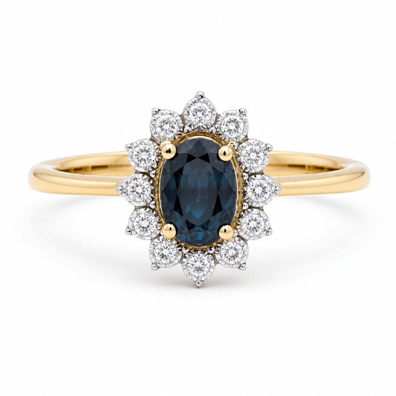 14K Yellow Gold Oval Fashion Ring with 0.60Tw Oval Sapphire and 0.10Tw Round Diamonds - Miral Jewelry
