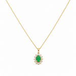 14K Yellow Gold Oval Necklace 18" with 0.45Tw Oval Emeralds and 0.11Tw Round Diamonds - Miral Jewelry