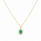 14K Yellow Gold Oval Necklace 18" with 0.45Tw Oval Emeralds and 0.11Tw Round Diamonds - Miral Jewelry