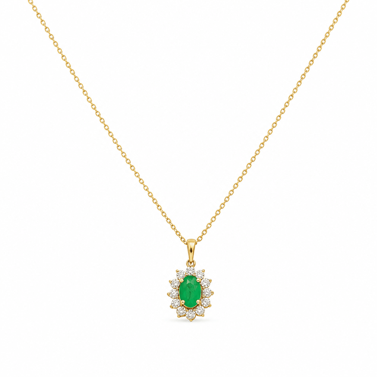 14K Yellow Gold Oval Necklace 18" with 0.45Tw Oval Emeralds and 0.11Tw Round Diamonds - Miral Jewelry