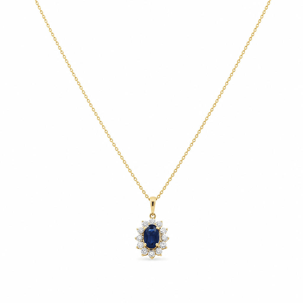 14K Yellow Gold Oval Necklace 18" with 0.65Tw Oval Sapphires and 0.10Tw Round Diamonds - Miral Jewelry