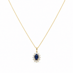14K Yellow Gold Oval Necklace 18" with 0.65Tw Oval Sapphires and 0.10Tw Round Diamonds - Miral Jewelry