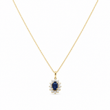 14K Yellow Gold Oval Necklace 18" with 0.65Tw Oval Sapphires and 0.10Tw Round Diamonds - Miral Jewelry