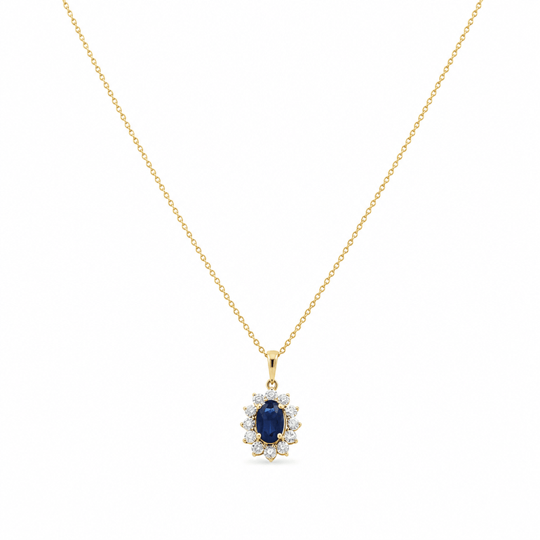 14K Yellow Gold Oval Necklace 18" with 0.65Tw Oval Sapphires and 0.10Tw Round Diamonds - Miral Jewelry