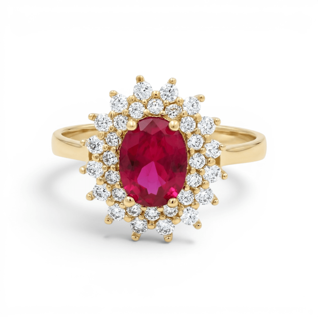 14K Yellow Gold Oval Red Fashion Women's Ring - Miral Jewelry